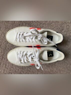 Veja White Sneakers with Orange 'V' and Navy Heel